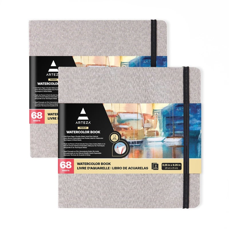 ARTEZA Watercolor Sketchbook, 2-Pack, 68 Pages Each, 8.25 x 8.25 Inches, Gray Hardcover, 110-Pound Paper - Image 1